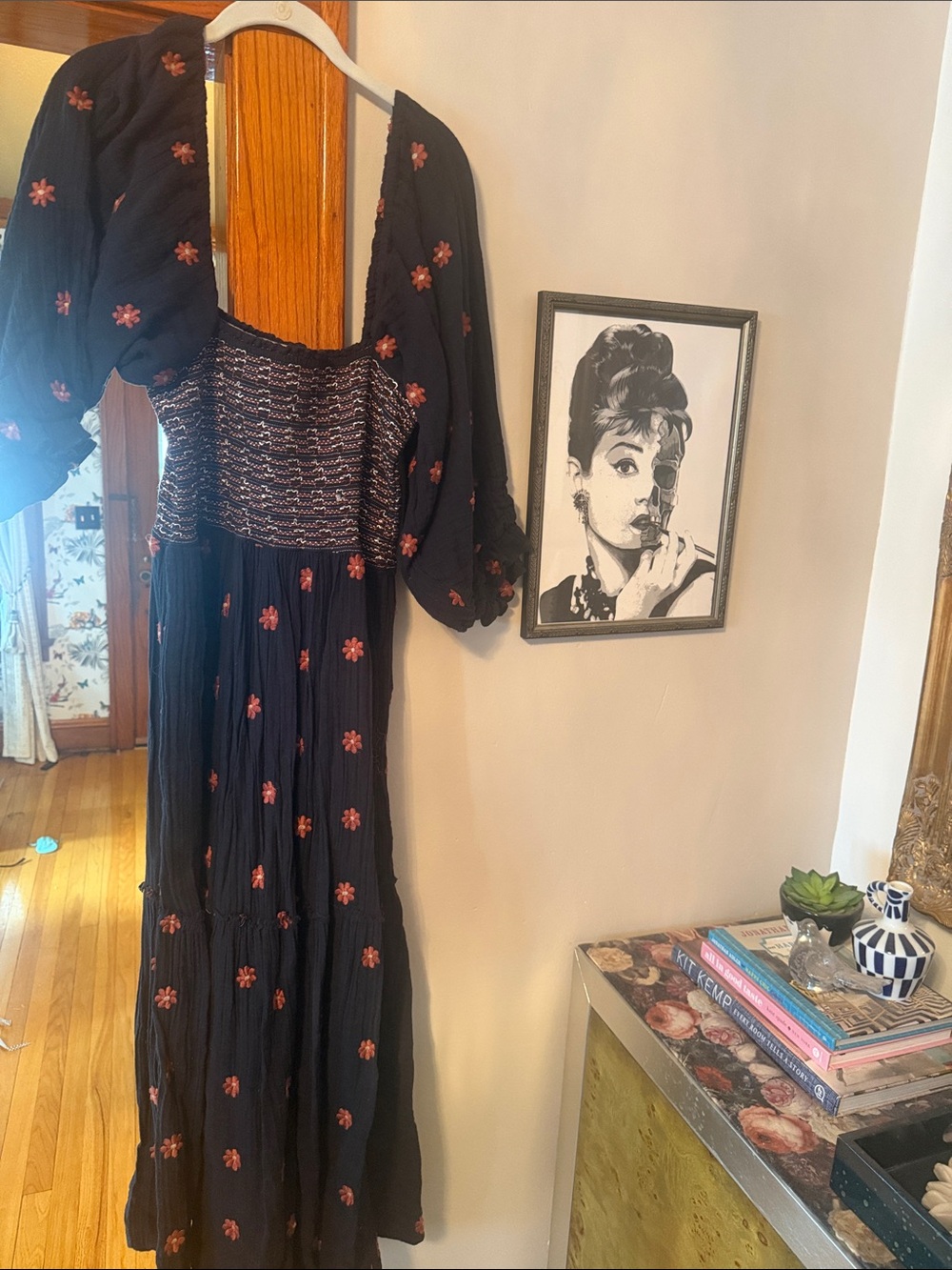Free People Floral Puff-Sleeve Smocked Waist Maxi Dress Size L - Picture 2 of 3